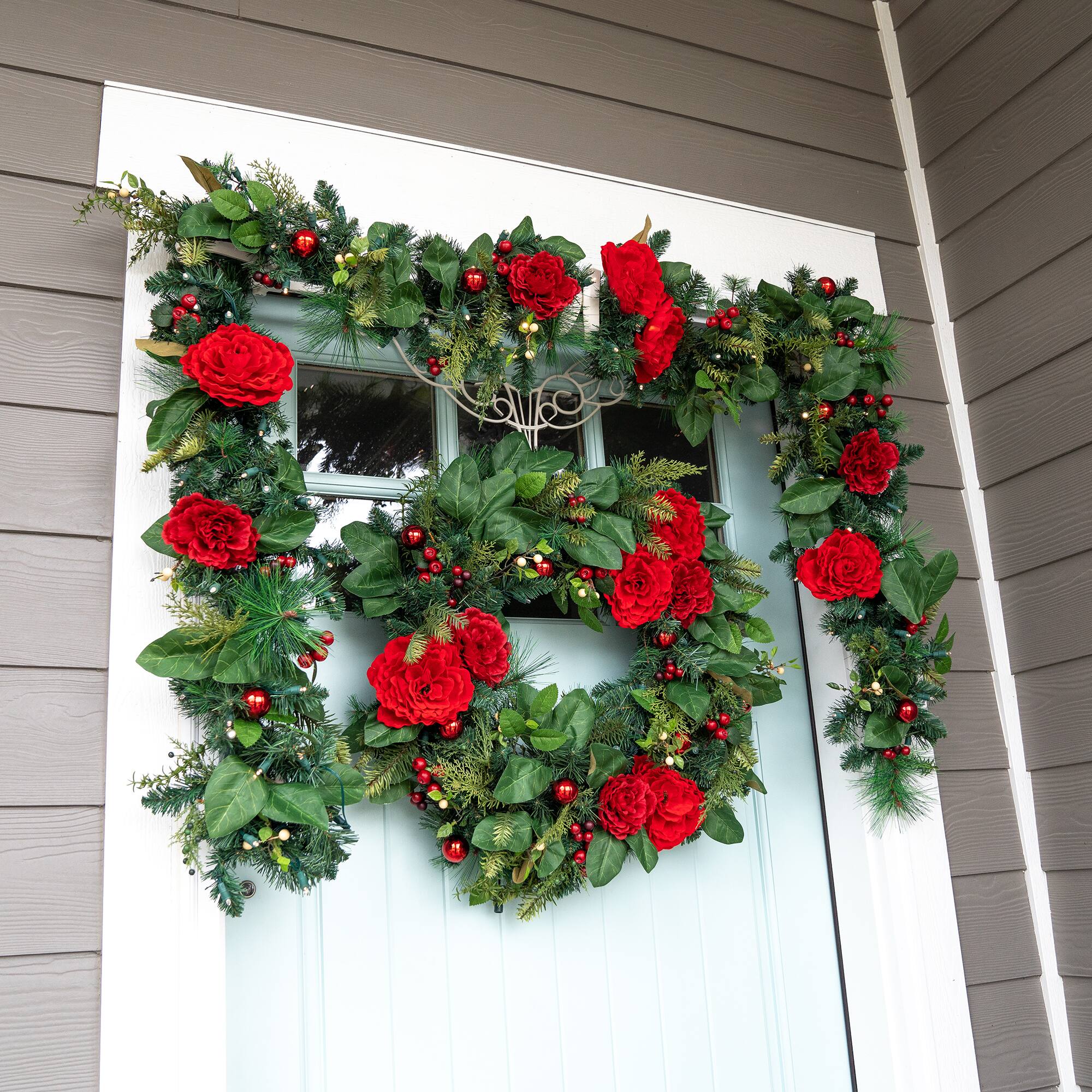 Village Lighting 9ft. Pre-Lit LED Red Peonies & Berry Garland